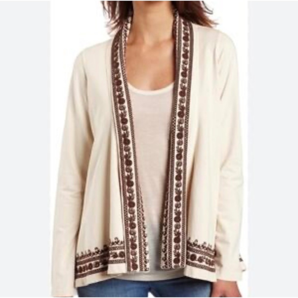Lucky Brand Embroidered Cardigan Sweater Boho Bohemian Cream Brown Womens M